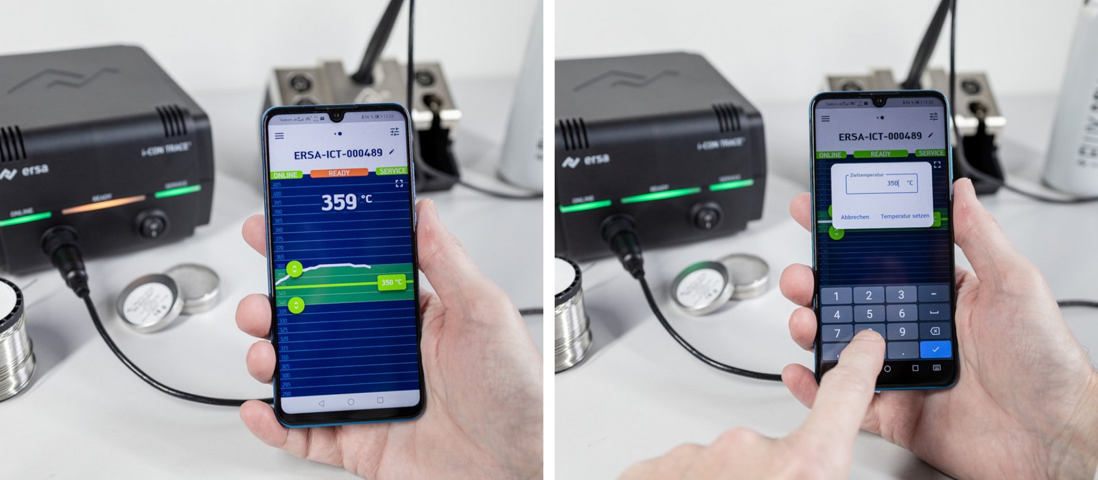 Intuitive and safe operation of the i-CON TRACE with the Ersa TRACE APP via WLAN. Setting and displaying all parameters on any number of soldering stations. For iOS and Android. In real time. With password protection.